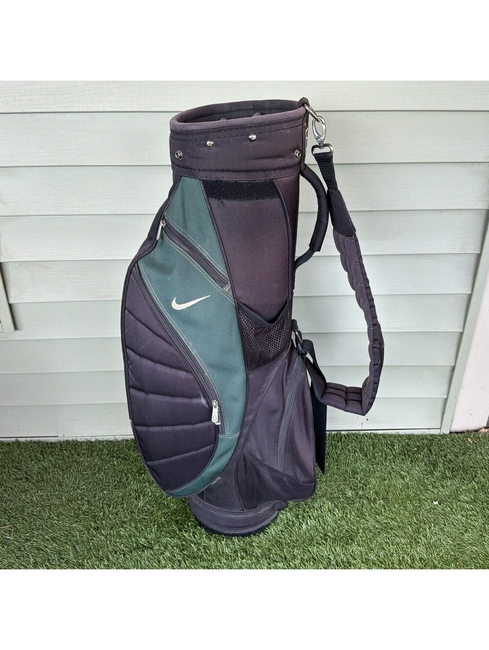Vintage Nike Golf Carry Bag Black Green Shield Logo 5-Way Divider Padded Strap